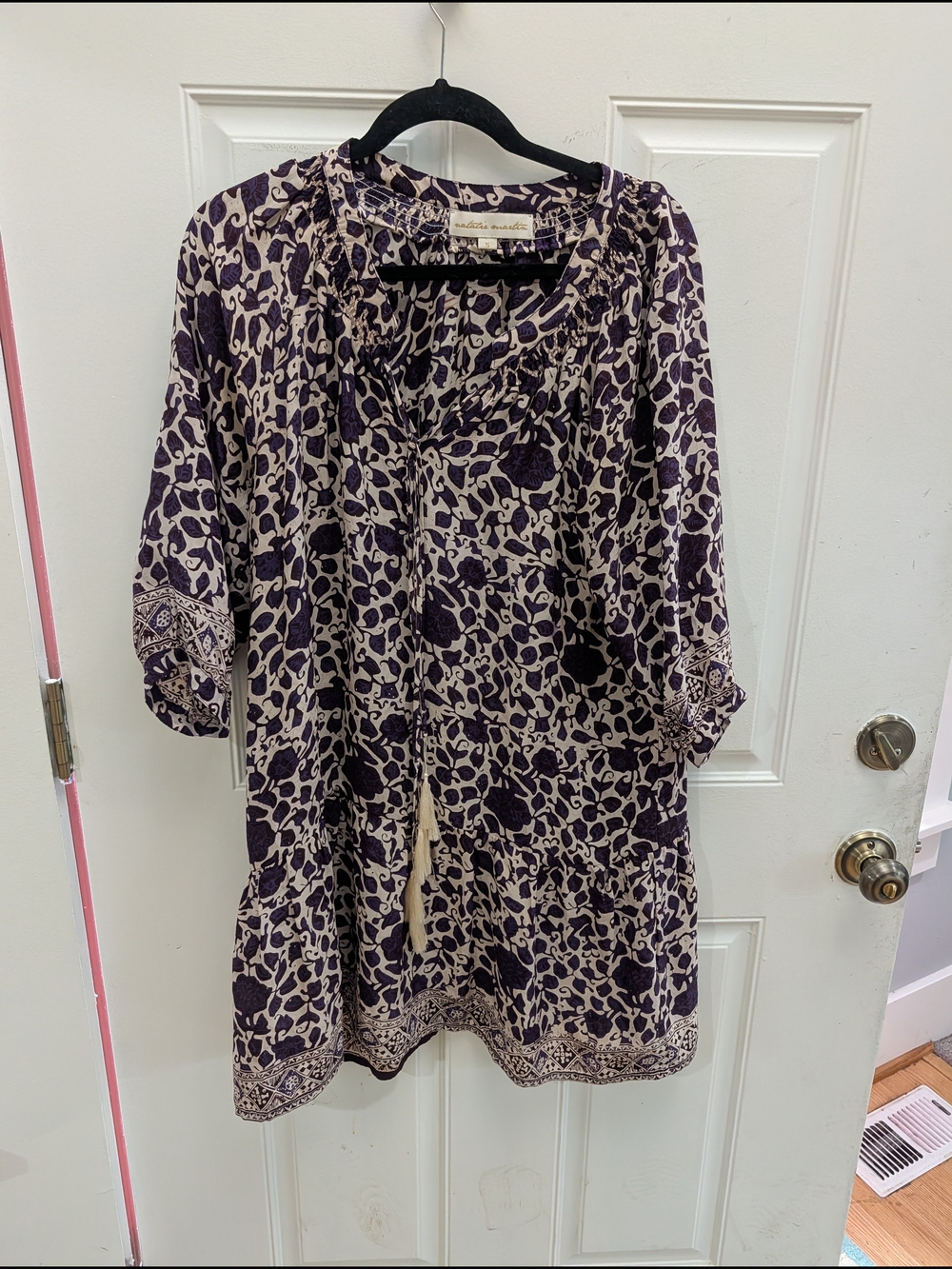 Natalie Martin 100% Silk Purple and Cream Printed Boho Dress